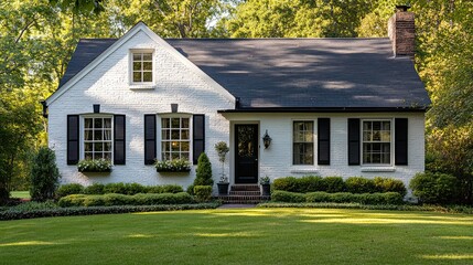 A front view of a white cream brick 1950s house with black shutters.