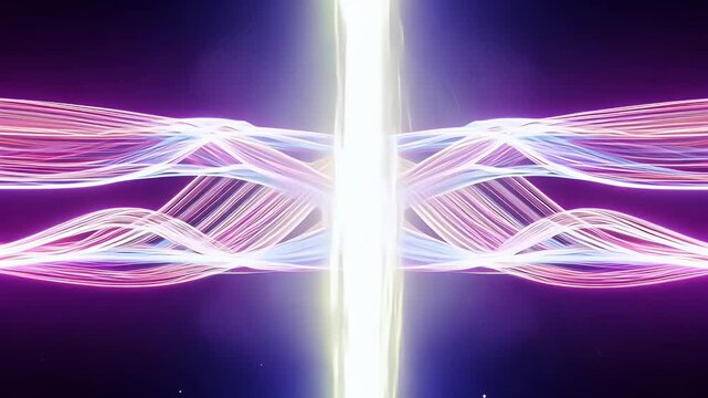 Centralized beam implosion with reverse-motion neon ribbon effects