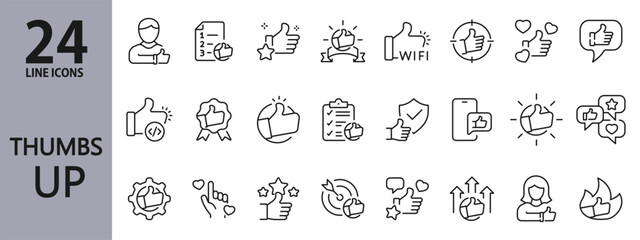 Thumb Up line icons set with Like, Agree, Feedback, Rating, Vote, Good, Best and more. Editable Stroke