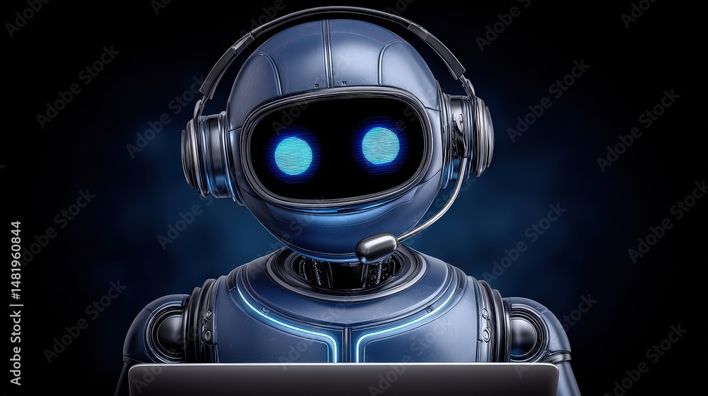 Poster a futuristic robot with glowing blue eyes wearing headphones and a microphone while operating a lapt