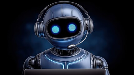 A futuristic robot with glowing blue eyes wearing headphones and a microphone while operating a laptop expressing technological advancement in artificial intelligence and digital communication
