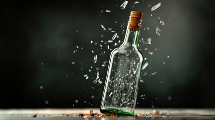 A freeze-frame of a glass bottle splitting open, shards suspended in space.