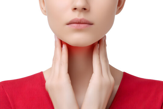 Woman showing painted thyroid gland on her neck. Enlarged butterfly-shaped thyroid gland, isolated on white background	