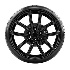 Obraz premium Sleek black alloy wheel high gloss finish ten spoke design tire on black on transparent background