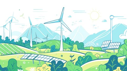 Green energy windmills solar panels mountain landscape illustration