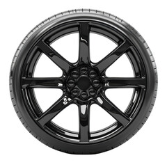Obraz premium Sleek black tire eight spoke rim glossy finish deep shadows automotive on transparent background