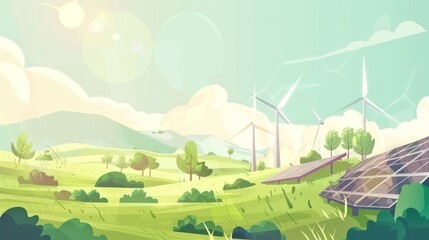 Fototapeta premium Rural solar panels and wind turbines generating green energy