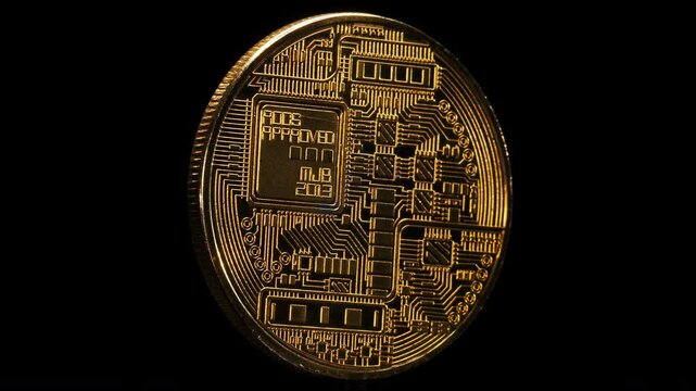Physical golden plated coin with the Bitcoin logo spins around its axis on black background.