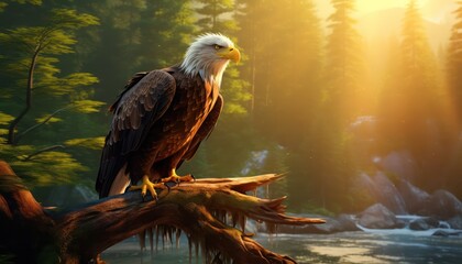 Fototapeta premium Large eagle stands tall on a tree trunk and large rocks, with a backdrop of amazing mountain background on the sunrise view