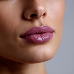 Naklejka premium Ethereal Botanical Lip Gloss with Violet Petal Extract and Silver Mica on Soft Lilac Lips - Photorealistic Beauty Concept in Muted Tones