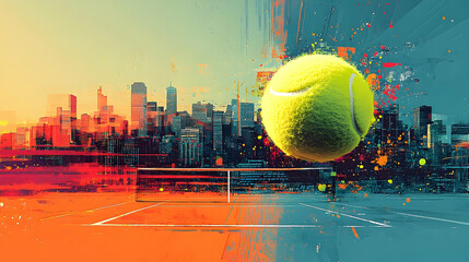 Colorful tennis ball over cityscape court scene.