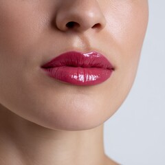 Naklejka premium Plump Lips with Tinted Gloss Balm in Sugar Pink Shade | Soft Feminine Glam Look with Plum Extract and Mineral Shimmer | Photorealistic Close-Up on White Background