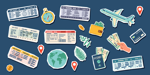 Travel stickers set. Travel concept. Collection of travel objects isolated on blue. Hand drawn flat illustration. © Julia Anisimova