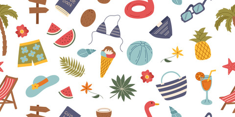 Seamless travel pattern with summer beach objects isolated on white. Travel, vacation, summer, beach concepts. Vector flat background.