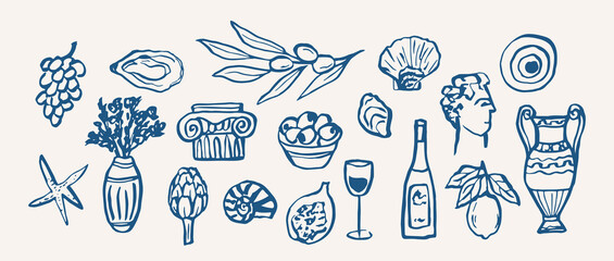 Hand drawn doodle mediterranean elements collection
