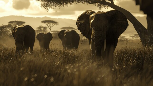 Elephants silhouette savanna sunset - Powered by Adobe