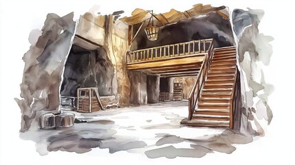Wieliczka Salt Mine. Wieliczka Salt Mine hand drawn watercolor illustration