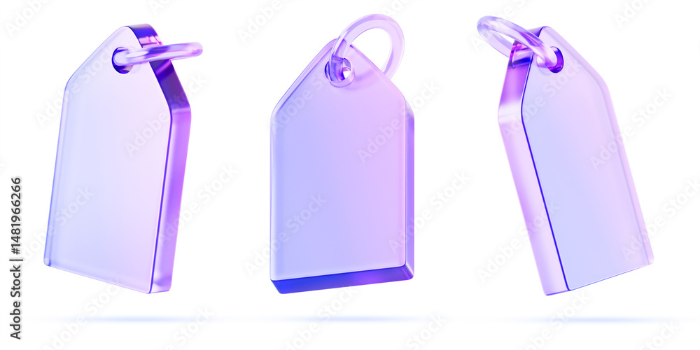 Poster 3d glass holographic transparent price tag icon render. crystal rectangular label with ring and purp