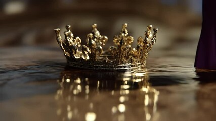 Ornate golden crown resting on a reflective liquid surface, luxurious and elegant, royal symbol of wealth and power with a beautiful reflection.