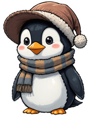 Obraz premium Cute Cartoon Penguin Wearing a Cozy Winter Hat and Scarf with Adorable Expression
