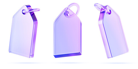 3d glass holographic transparent price tag icon render. Crystal rectangular label with ring and purple gradient. Empty branding card mockup. Isolated blank texture frame template set. 3D illustration