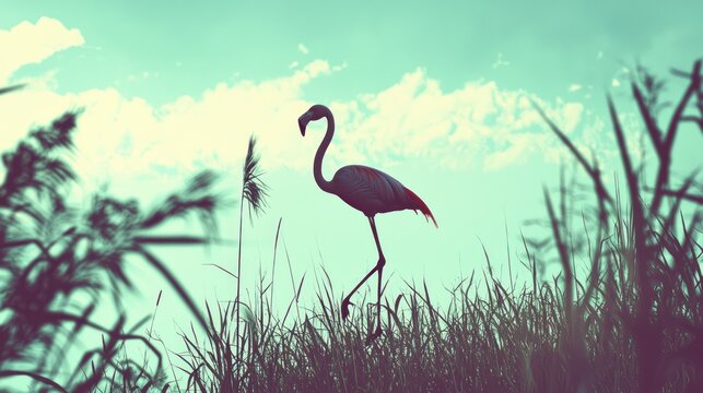 Flamingo in grassy landscape