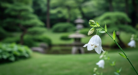 White Flower Bloom in Garden Setting with Stone Lantern
