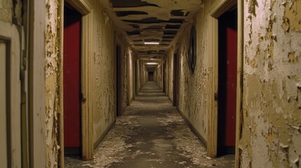 Obraz premium Abandoned Building Hallway Decaying Walls Old Doors Distressed Interior Vintage Architecture Spooky
