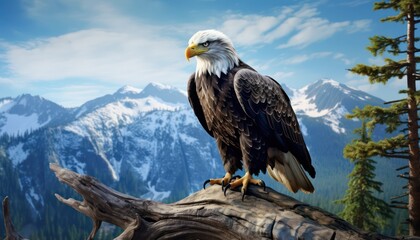 Fototapeta premium Large eagle stands tall on a tree trunk and large rocks, with a backdrop of stunning waterfalls, and a well-preserved tropical rainforest ecosystem