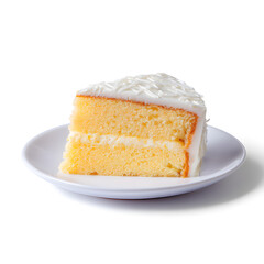 Slice of Cake on plate, side view, isolated on white background