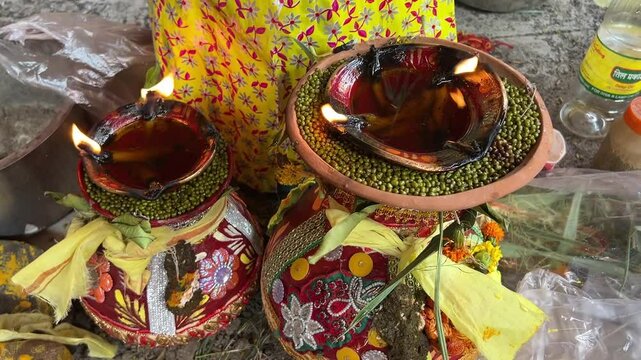 Close up shot of burning diya in an Indian wedding