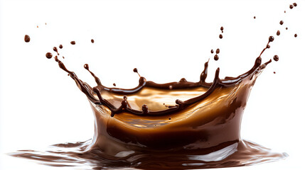  chocolate droplet colliding into a glossy splash, isolated white background