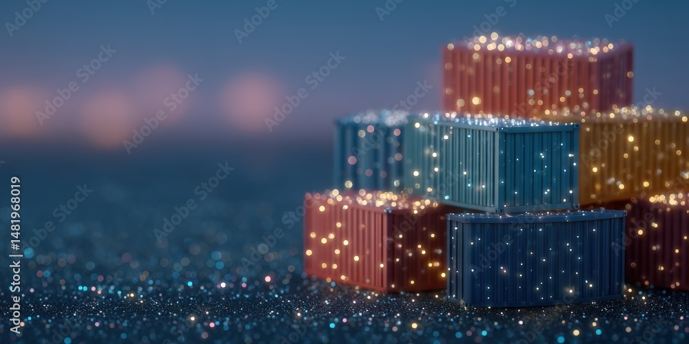 Poster glowing containers stacked in vibrant allure create a captivating visual scene illuminated by sparkl