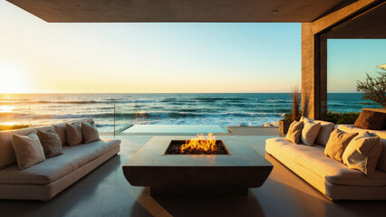 Fototapeta premium Luxury outdoor living area with fire pit and ocean view at sunset