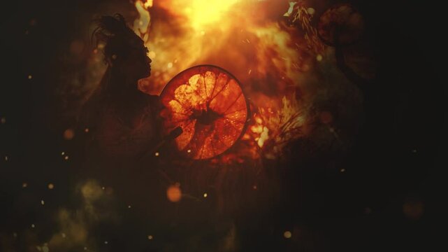 beautiful shamanic girl playing on shaman frame drum in the nature.