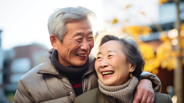 An elderly couple embracing outdoors in a park with autumn leaves in the background.