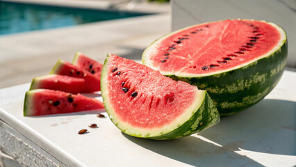 Fresh Watermelon Slices on a White Table by a Poolside in Bright Sunshine