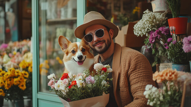 Hipster man in sunglasses and hat with bouquet of fresh spring flowers and welsh corgi dog in flower shop.