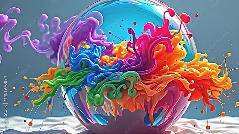 Poster vibrant dynamic scene featuring transparent sphere filled colorful fluid-like substance. sphere set 