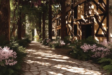 Obraz premium Enchanted pathway winding through a lush garden surrounded by blooming flowers and sunlight filtering through tall trees creating a serene atmosphere for relaxation and tranquility