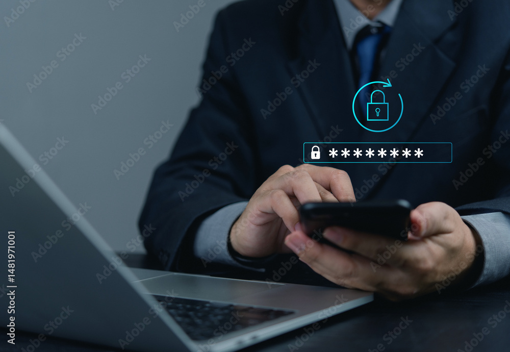 Poster modern cybersecurity concept, businessman entering password on smartphone, emphasizing encrypted dat