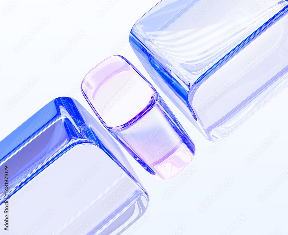 Poster Glass hologram transparent cubes and blocks 3d background. Abstract gradient diagonal line pattern. Crystal light holographic geometric square and rectangle shapes, render wallpaper. 3D illustration