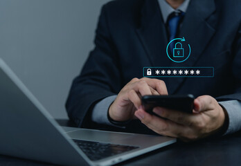 Modern cybersecurity concept, businessman entering password on smartphone, emphasizing encrypted...