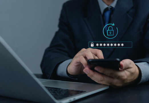 Modern cybersecurity concept, businessman entering password on smartphone, emphasizing encrypted data, internet privacy, secure login and digital protection.