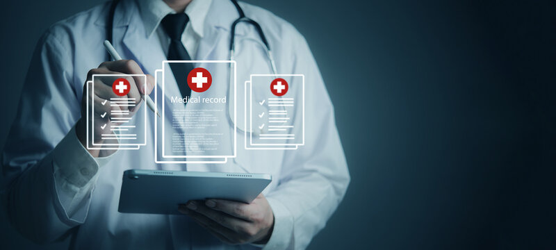 Digital healthcare concept with doctor updating electronic health records, showcasing health information EMR system, medical data, online documentation and patient files. - Powered by Adobe
