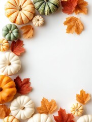 Obraz premium Eco Autumn Frame with Mini Pumpkins and Maple Leaves on White Background, Rustic Seasonal Decor Template for Eco-Friendly Packaging and Invitations, Selective Focus..