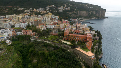 Obraz premium Aerial view of the city of Vico Equense. This town overlooks Mediterranean sea and is located in the Sorrento Coast, the province of Naples, Campania, Italy.