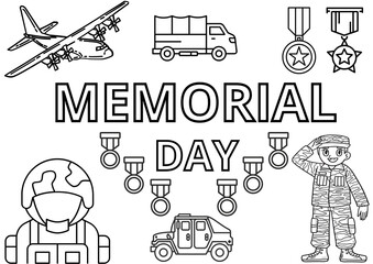 memorial day colouring page; black & white image with military objects like plane,orders, tank, saluting young solder and text isolated over white background