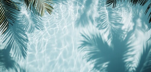 palm leaf shadow and water ripples on light blue background, summer banner mockup