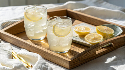 Refreshing Lemonade Drinks with Ice and Slices on a Wooden Tray with Sunlit Background
